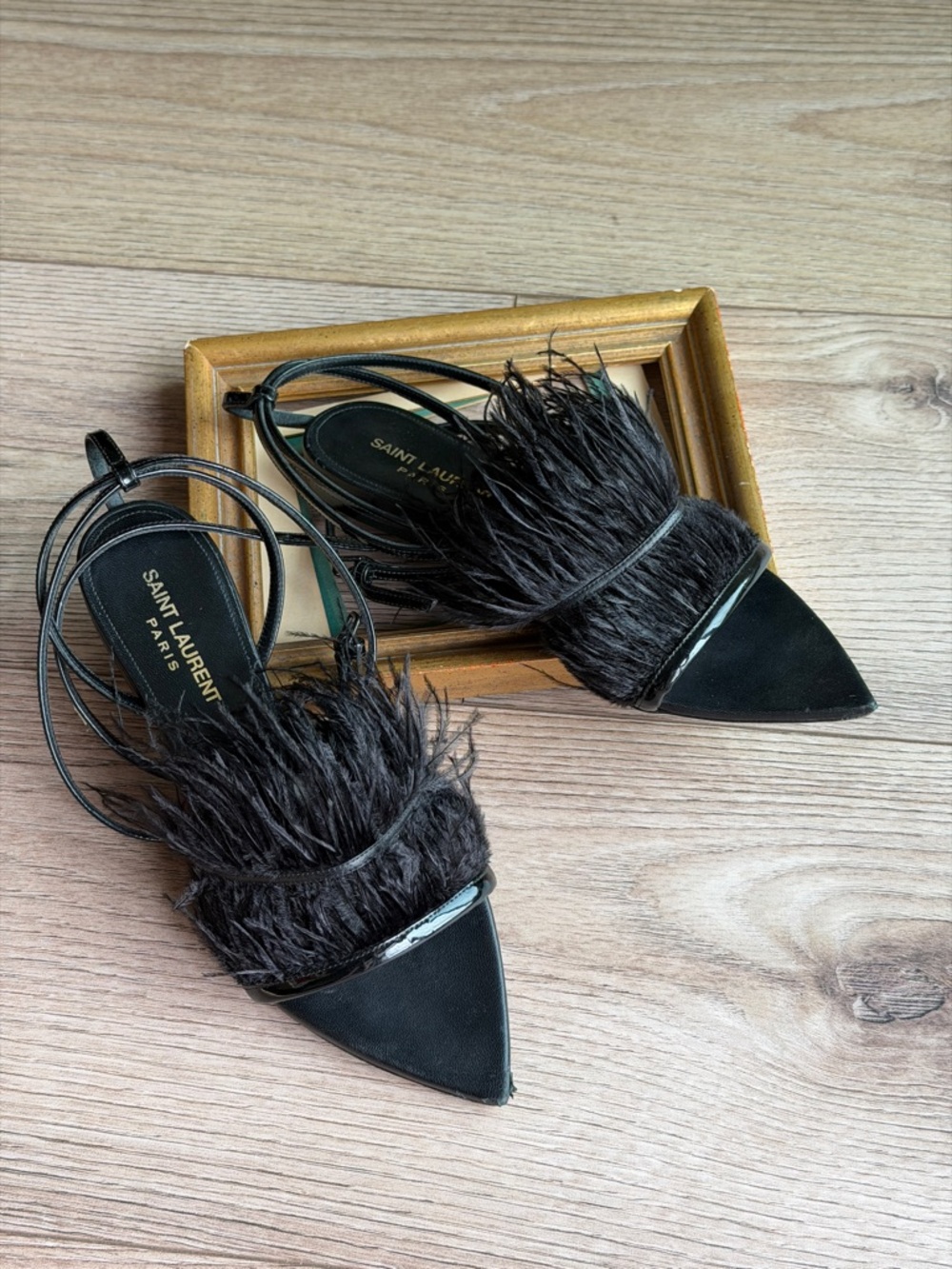 Saint Laurent Ostrich Black Feather-Trim Pointed sandals - Picture 11 of 17